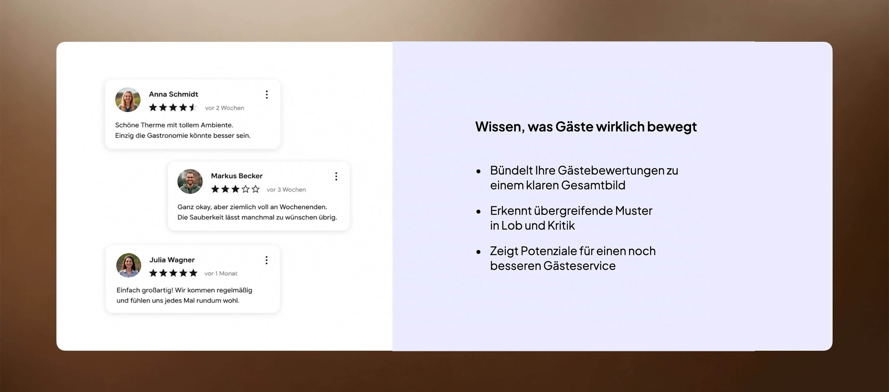 Review AI bündelt Gästebewertungen, erkennt Muster in Lob und Kritik und zeigt Potenziale für besseren Gästeservice.