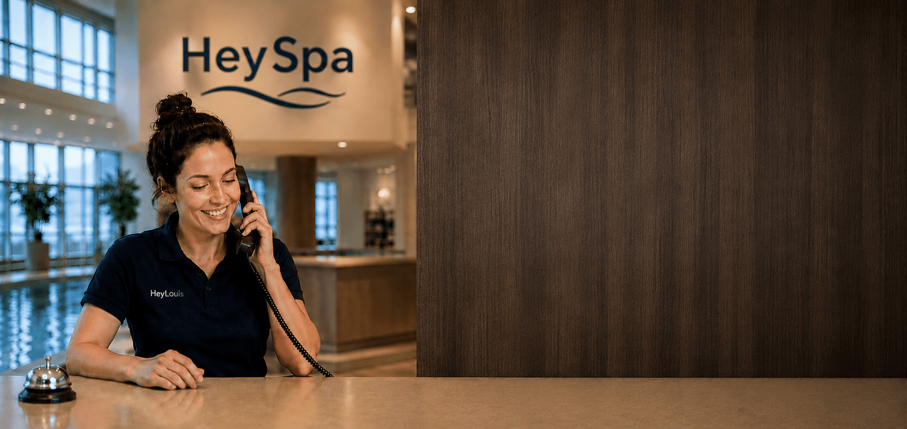 Eine freundliche HeyLouis Rezeptionistin telefoniert am Empfang einer Therme.