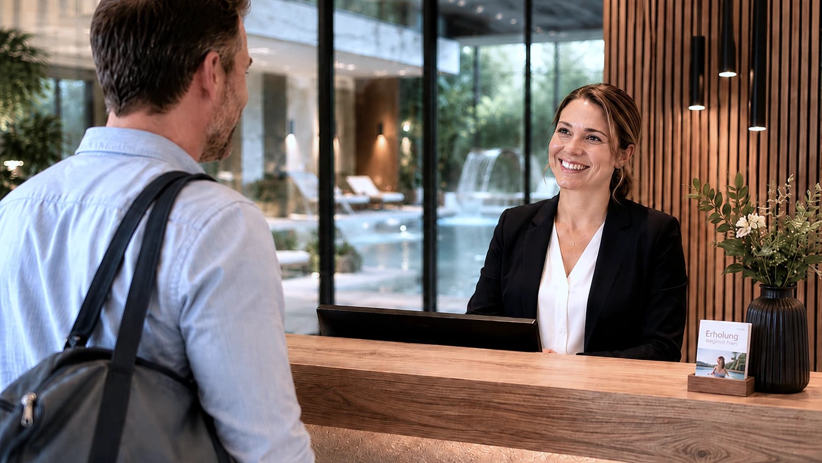 Eine Mitarbeiterin an der Rezeption begrüßt einen Gast in einer modernen Therme.