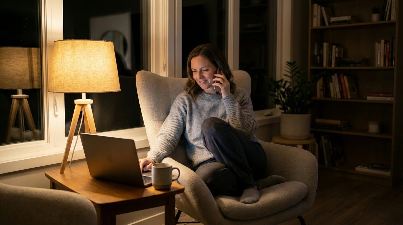 Eine Frau telefoniert abends entspannt im Sessel und arbeitet mit einem Laptop.